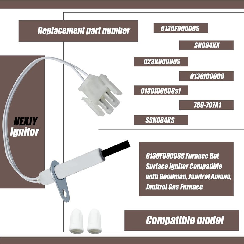 Nexjy 0130F00008S Furnace Hot Surface Ignitor Compatible with Goodman, Janitrol, Amana, Janitrol Gas Furnace, 0130F00008S Silicon Nitride Igniter Replace For 0130F00008 789-707A1 SSN084KS Ceramic Nuts. - Image 4